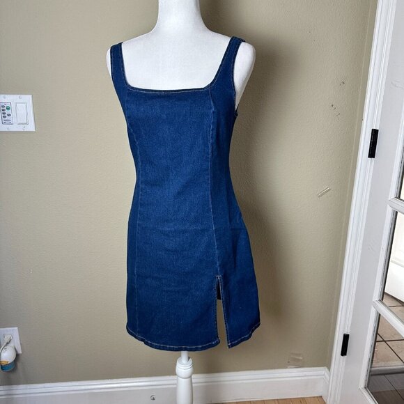 NWT SHEIN Petite Medium Stretch Denim Jeans Jean Mini Dress with Slit - Picture 2 of 12